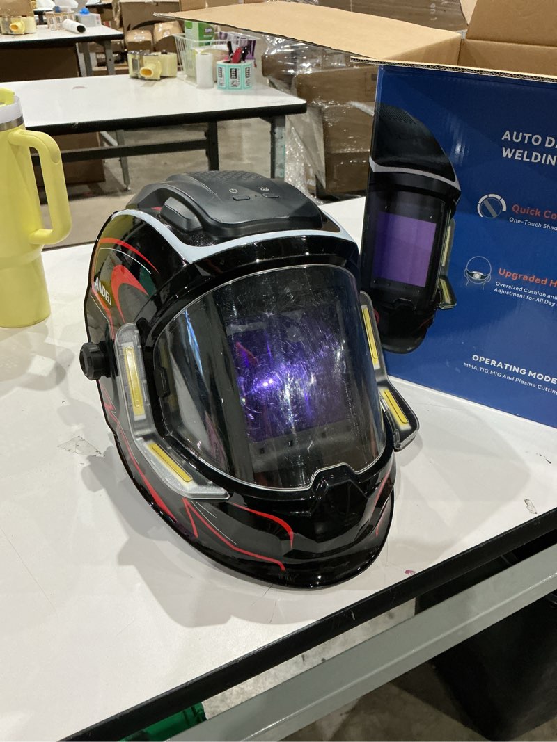 Condition photo showing As Is for andeli welding helmet with 4 led light, panoramic large viewing screen 3.94"x3.74" true color auto darkening welding helmet, 6 arc sensor 4/5-9/9-13 type-c charging