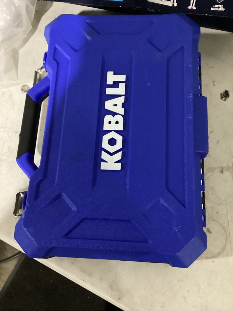 Condition photo showing As Is for kobalt 1/2-inch drive deep impact socket set organized in a black and blue blow-molded storage case.