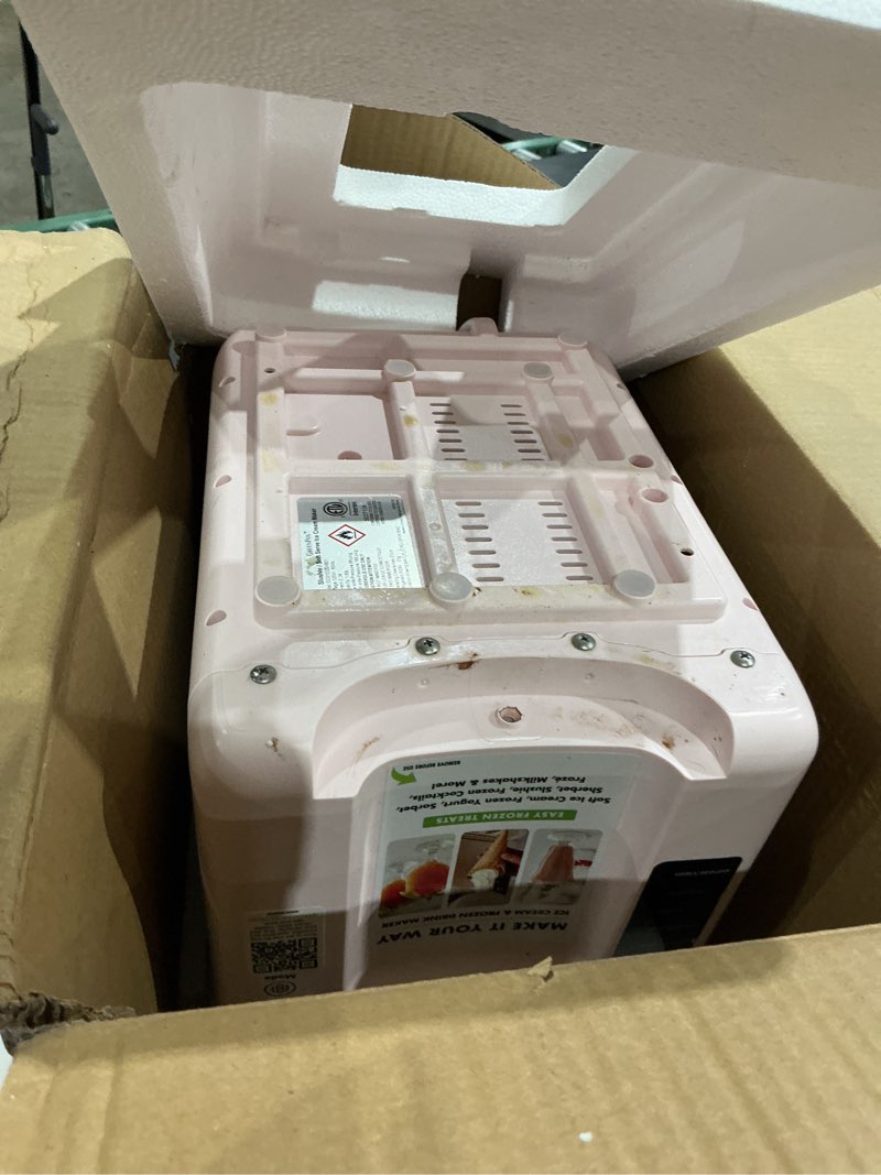 Condition photo showing As Is for greenpan frost ice cream maker & slushie machine, soft serve, sorbet, margaritas, milkshakes, frozen yogurt, no pre-freezing, ready in 15 mins, 6 modes, 7 textures, self-cleaning, family size, pink 4 pint ice cream & frozen drink maker strawberry pink