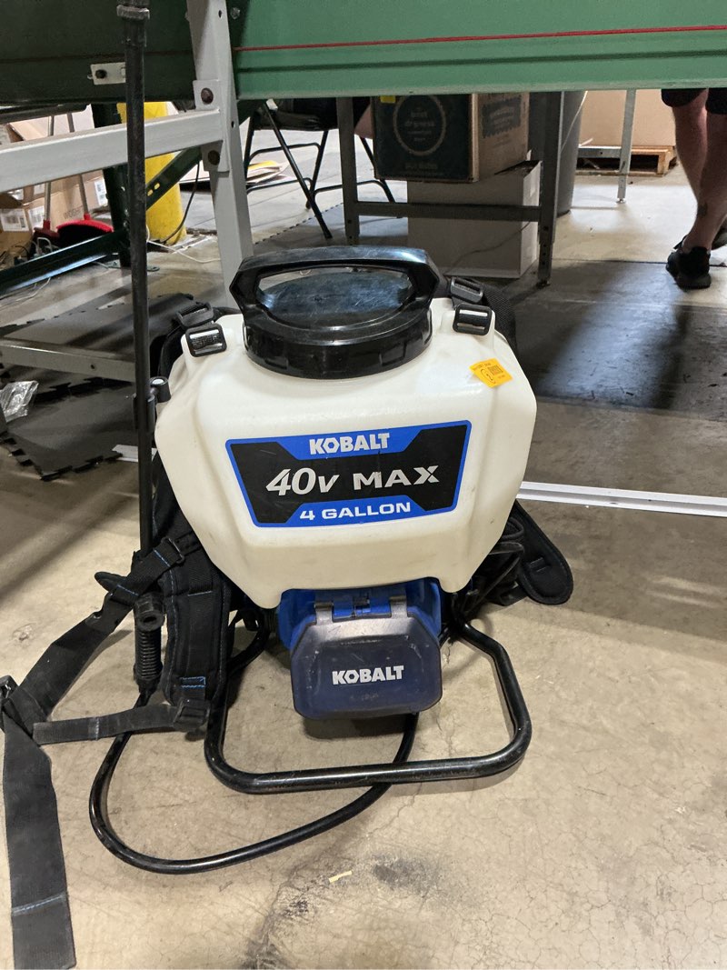 Condition photo showing As Is for kobalt 4-gallons 40-volt lithium-ion battery operated backpack sprayer 