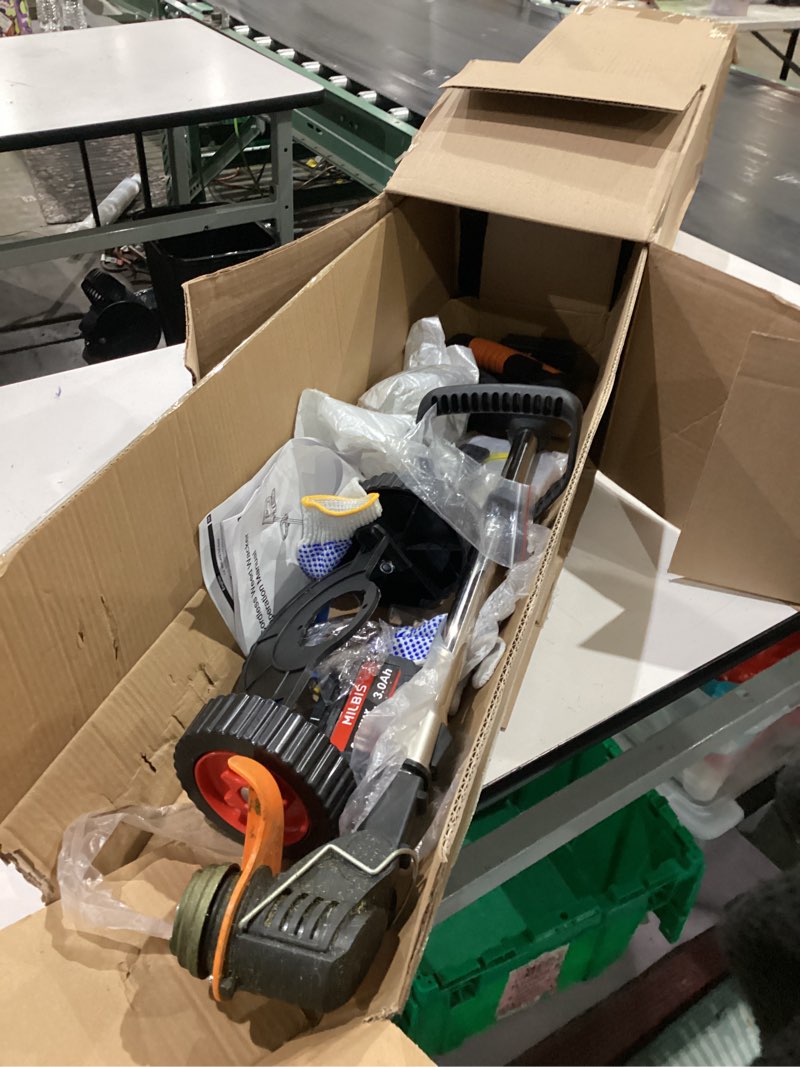Condition photo showing As Is for cordless weed wacker 