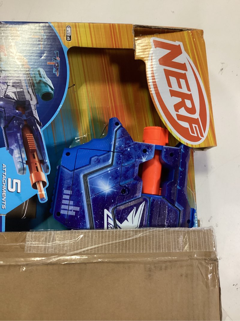 Condition photo showing As Is for nerf loadout galactic commander motorized blaster, 3 firing modes, 3 attachment accessories, 48 nerf n1 darts, kids toys & gifts, ages 8+