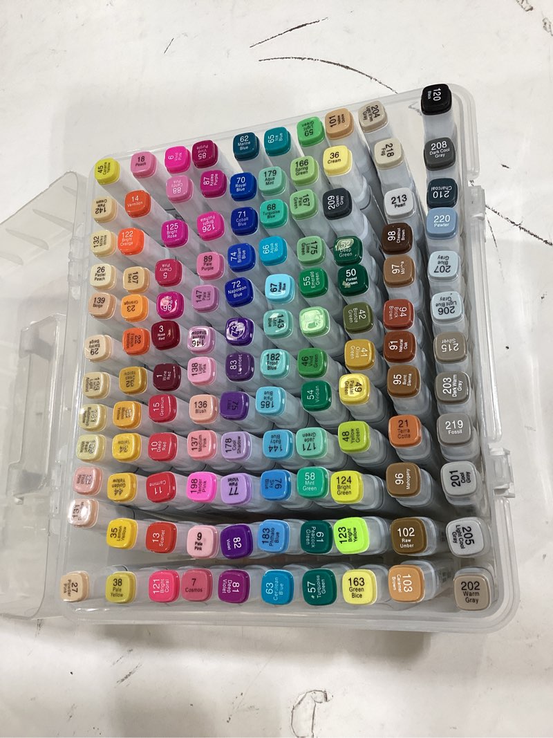 Condition photo showing New/Like New for kingart pro double-ended alcohol ink art markers, 120 colors, fine point & chisel tips, permanent with superior blendability, includes plastic case. 120 pc. 120 count (pack of 1)