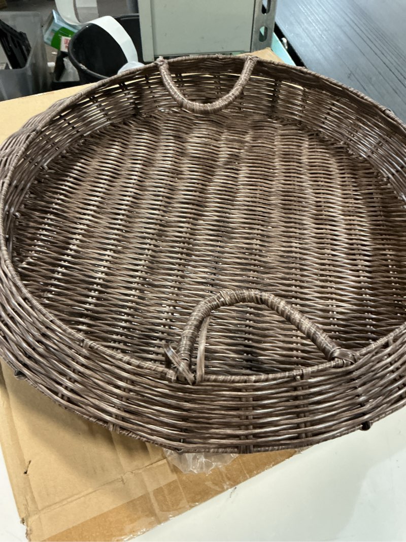 Condition photo showing As Is for 22 Inch Oversized Round Woven Basket Christmas Woven Serving Tray Round Rattan Effect Decorative Basket for Fruit Bread Storage Multipurpose Kitchen Holder Material for Home Organization
