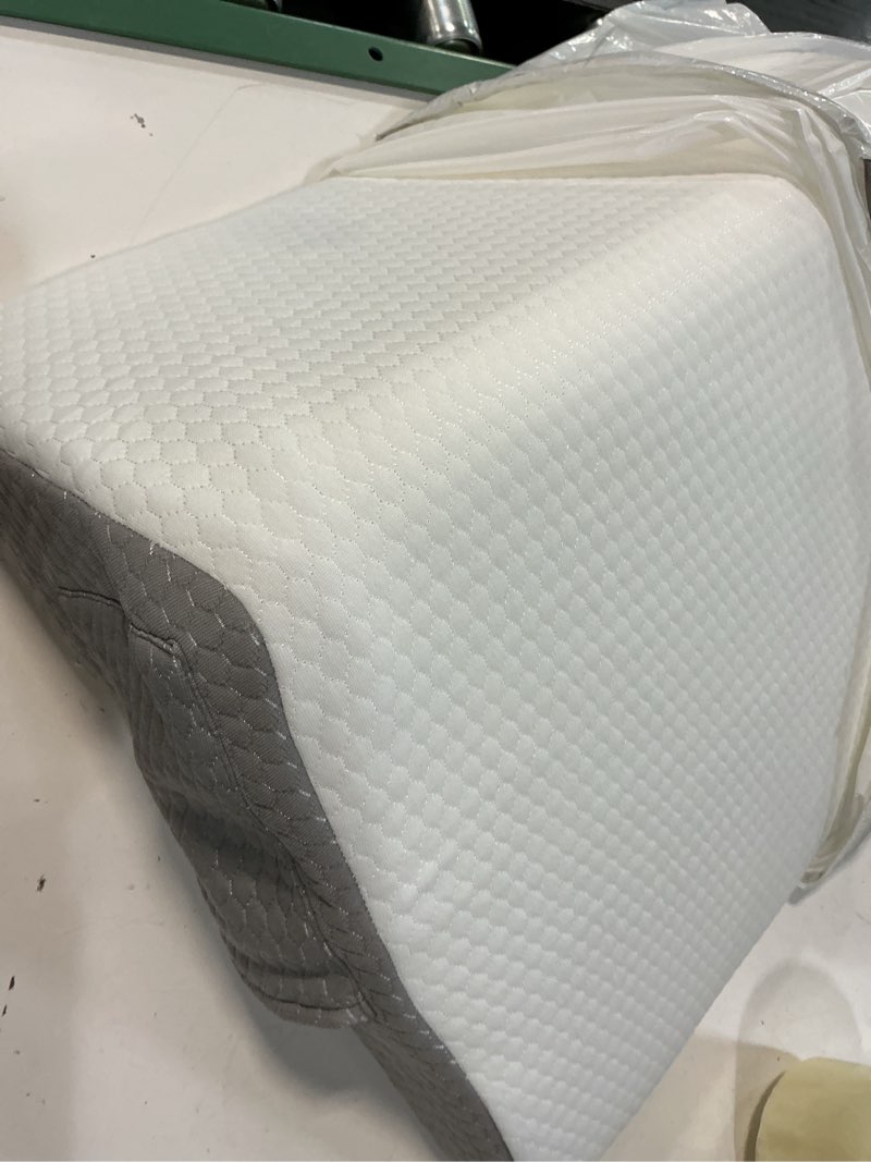Condition photo showing As Is for Bedluxe Knee Pillow for Back Sleeping, Leg Pillow Knee Wedge Pillow, Memory Foam Wedge Pillows for Legs Post Surgery, Triangle Pillow for Knee Support, Leg Elevation, Knees Hip Back Pain Relief, White 23.6*18.9*7.9 Inch White/Grey