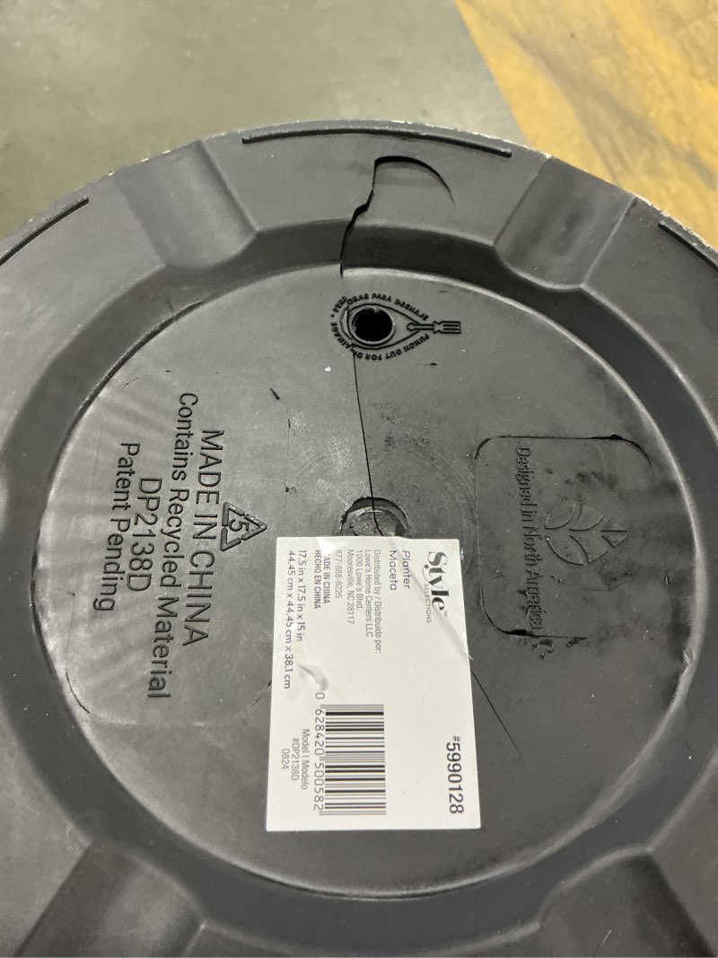 Condition photo showing As Is for Style Selections Round 17.5” x 17.5” x 15” Black Recycled plastic Indoor/Outdoor (similar to stock photo)