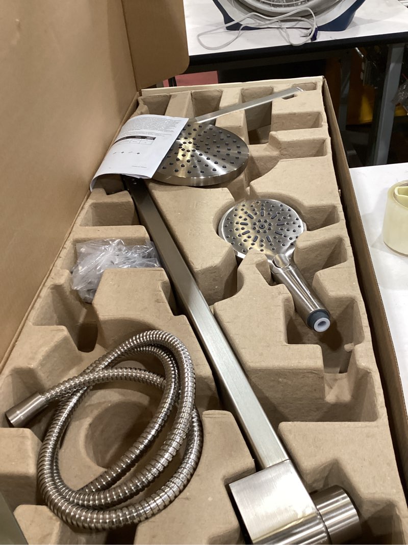 Condition photo showing As Is for bwe black shower tower multifunction shower panel system stainless steel panel with handheld wand rainfall shower head wall mount shower column