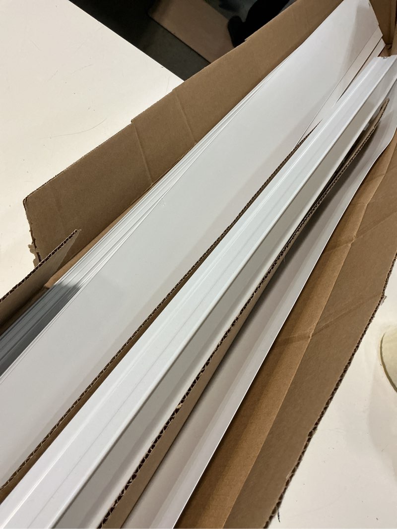 Condition photo showing As Is for project source 3.5-in slat width 66-in x 84-in cordless white vinyl room darkening vertical blinds