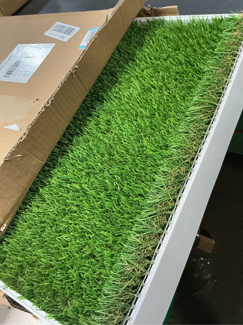Condition photo showing As Is for dog grass pad with tray 18.5x23in, dog litter box for puppy potty training, indoor pet toilet washable artificial grass pad holder for balcony dogs potty