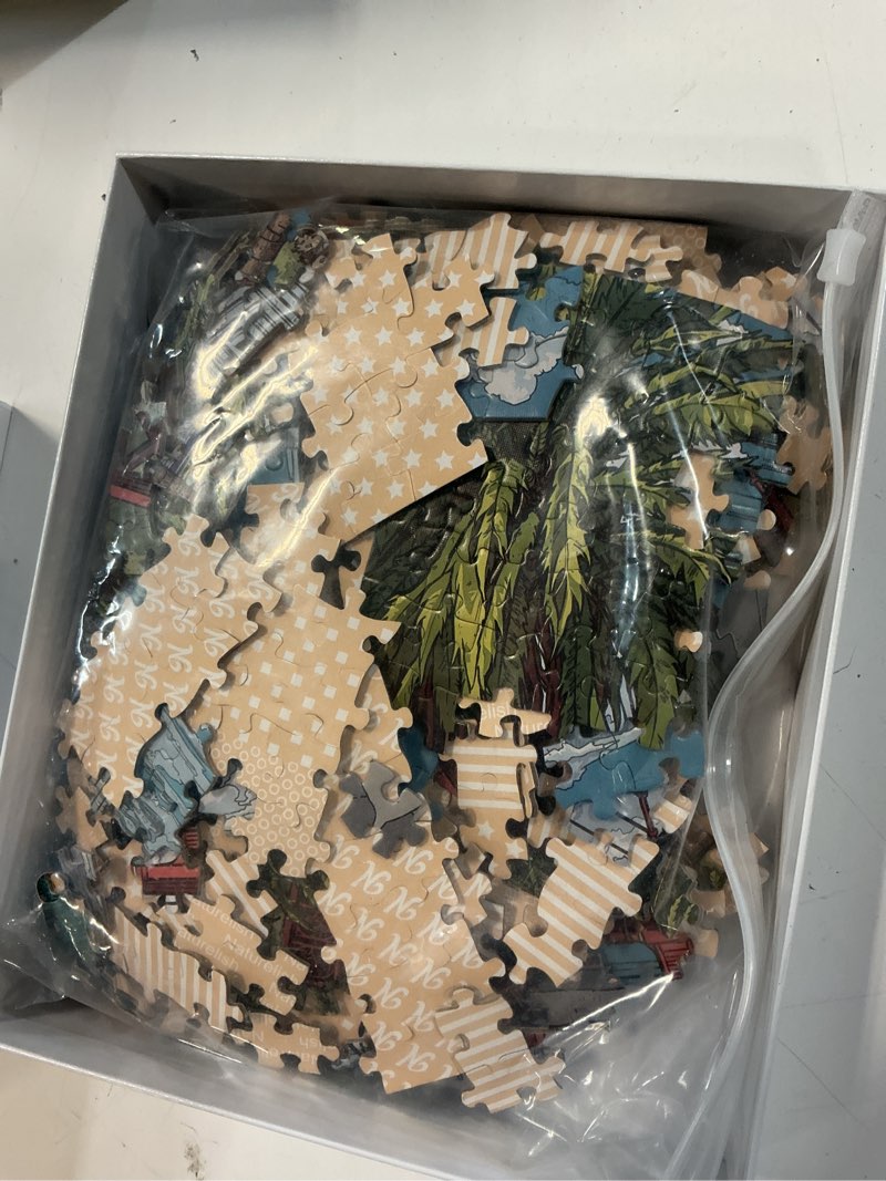Condition photo showing Good Condition for 1000 piece jigsaw puzzle for adults, vintage california coastline with golden gate bridge, palm trees & tour bus, color-coded back, coastal dreams, 22.5 x 22.5 in