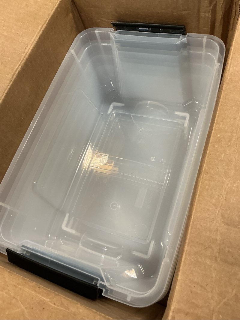 Condition photo showing As Is for (Incomplete, no tapas) IRIS USA 4-Pack Storage Bins with Lids, 13 Quart, Made in USA Stackable See-Through Organizing Solution Latches Durable Nestable Containers Secure Pull Handle, BPA-Free Plastic Clear 13 Qt 4 Pack