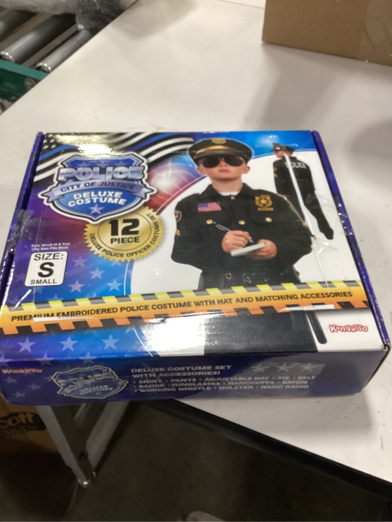 Condition photo showing New/Like New for Kangaroo Police Costume for Kids – 12 Pc Black Cop Outfit with Hat, Badge, Handcuffs, Holster & More Small 4-6