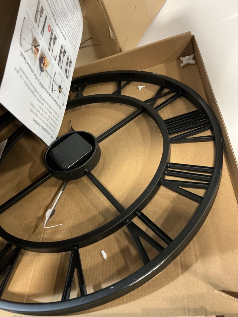 Condition photo showing As Is for pytha sight wall clock large for living room decor,18 inch decorative silent non ticking battery operated analog metal wall clocks for kitchen,bedroom,office,dinng room black arabic 18 inch