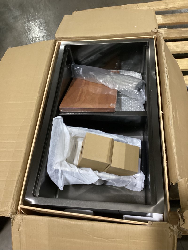 Condition photo showing Good Condition for 33 inch black double bowl undermount kitchen sink workstation 50/50 | 33x19 double bowl kitchen sink 16 gauge black stainless steel double basin with cutting board, low divided 33 w x 19 d x 10 h ?50/50) black