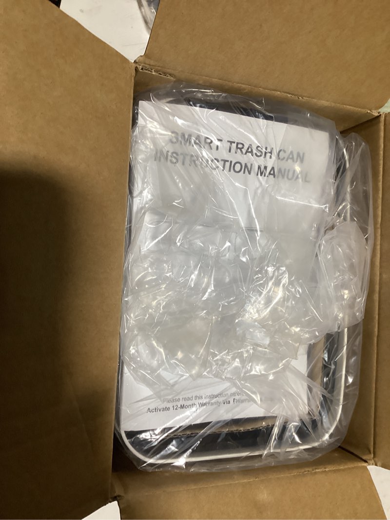 Condition photo showing As Is for 2 Pack 2.7 Gal Bathroom Trash Can with Lid, Automatic Trash Can Small Smart Garbage Can Touchless, Slim Motion Sensor Waterproof Plastic Trash Bins for Bedroom Office Kitchen Toilet White 2.7 Gal