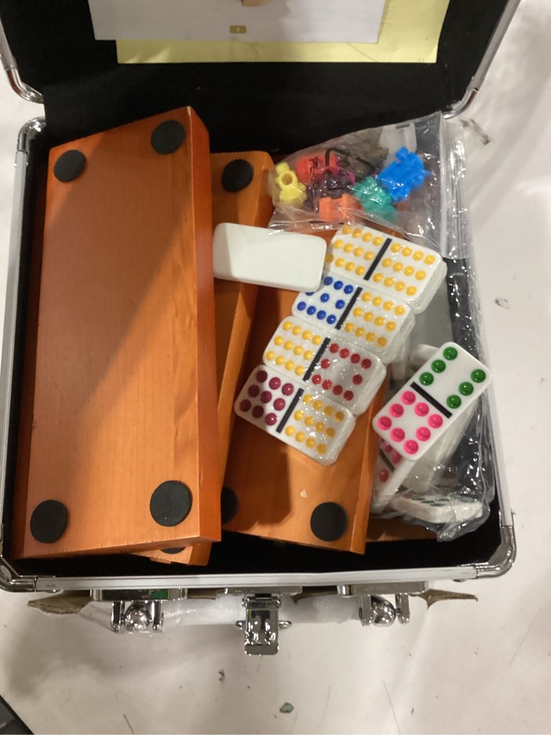 Condition photo showing As Is for queensell mexican train dominoes set with 8 holders - wooden hub and tiles holders - double 12 tiles with dots (d12 + 8 holders)