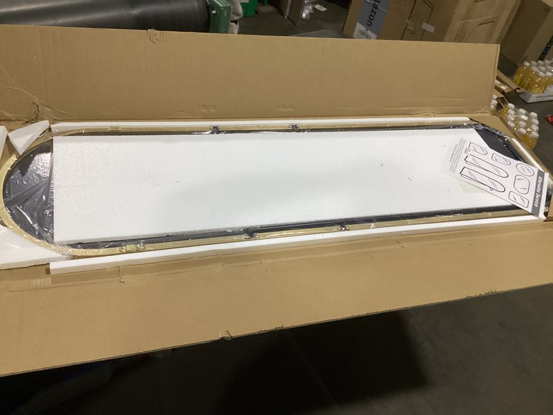 Condition photo showing item condition for Full Lenth Mirror with Stand, 56"x19" Aluminum Alloy Frame, 3-in-1 Standing/Wall-Mounted/Leaning Mirror for Bedroom & Living Room, Shatterproof Tempered Glass & Space-Saving Design 56"L x 19"W Gold-arched