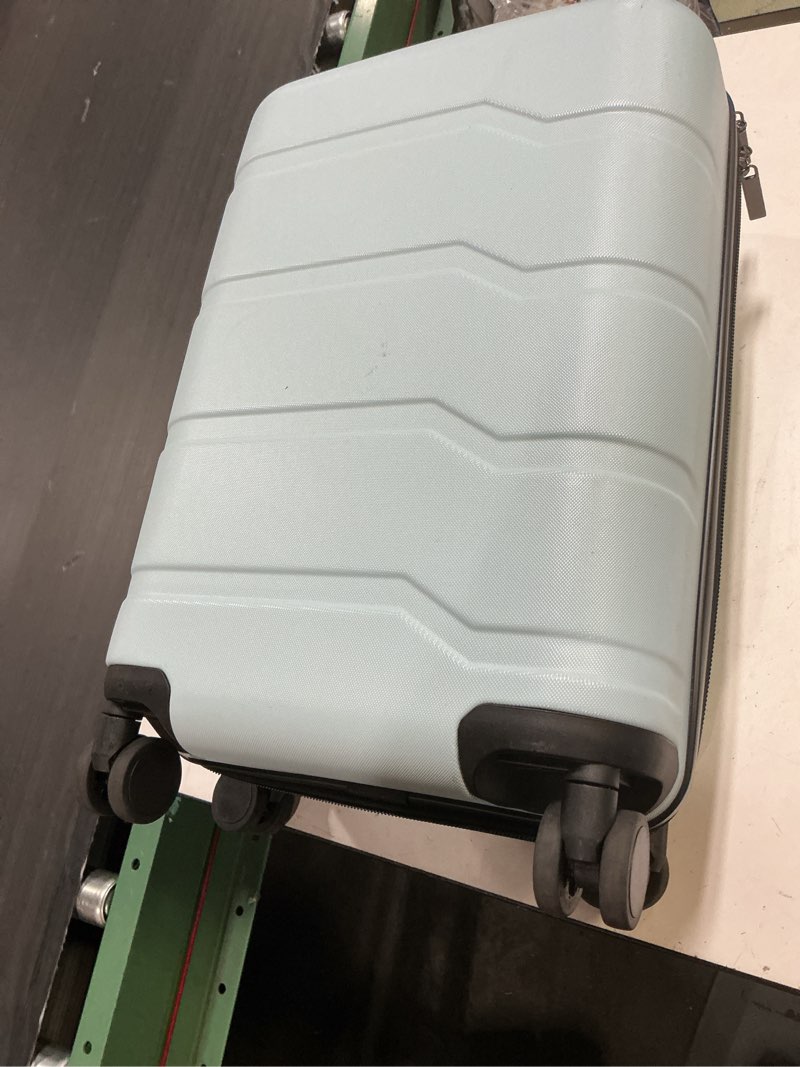 Condition photo showing As Is for hardside carry on spinner wheels suitcase muddy aqua blue - open story