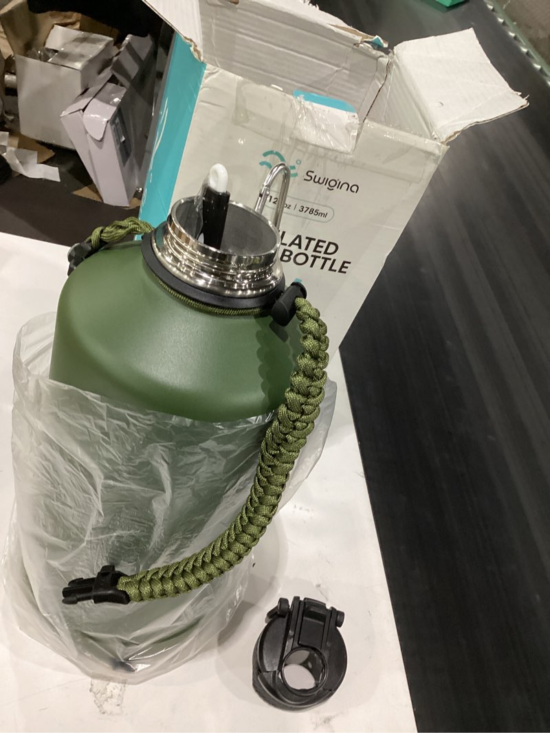 Condition photo showing As Is for swigina [2-in-1 lid] gallon insulated water bottle with silicone boot (48hrs cold/24hrs hot) - diy stickers, leakproof, bpa free, 128 oz army green 128 ounces