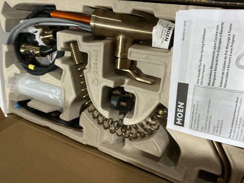 Condition photo showing As Is for Moen Nolia Bronzed Gold One-Handle Single Hole Spring Kitchen Faucet with Pull Down Sprayer and Soap Dispenser, 87886BZG Spring Bronzed Gold