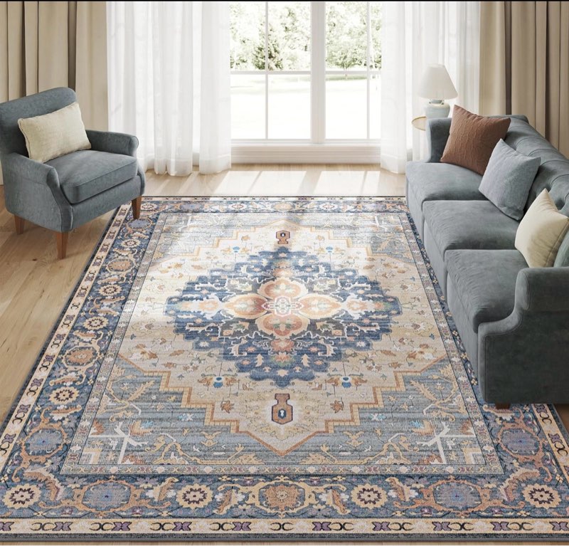 SONGMICS HOME Area Rug, Non-Slip Carpet, Traditional Vintage Style, Machine Washable, Bedroom Kitchen Living Room, Misty Blue UTAR103Q01 Misty Blue 5.2x 7.5 