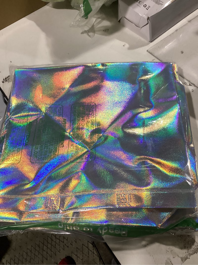 Condition photo showing As Is for nush nush iridescent gift bags large - set of 12 reusable holographic large gift bags with handles - party favor bag for birthdays, bridesmaids, weddings, holidays, valentines, events - 13"wx5"dx11"h iridescent - large size