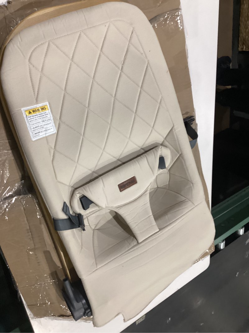 Condition photo showing As Is for baby bouncer,portable baby bouncer seat & foldable with 3 height adjustments, ergonomic bouncer for babies 0-6 months, wood grain style, natural vibrations, includes storage bag (beige)