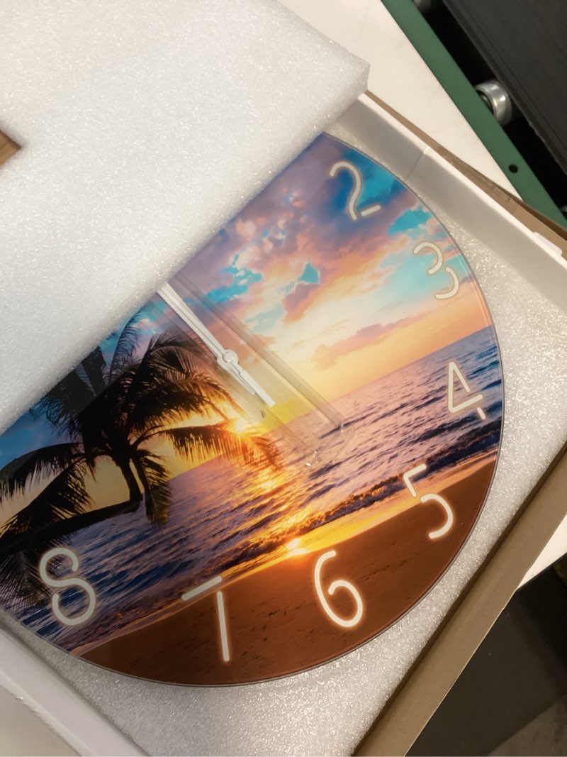 Condition photo showing Good Condition for XFM Beach Wall Clock 14 Inch Palm Tree Analog Wall Clocks Battery Operated for Living Room Kitchen Decor Sunset Coastal Glass Silent Wall Clock 14 Inch Blue2
