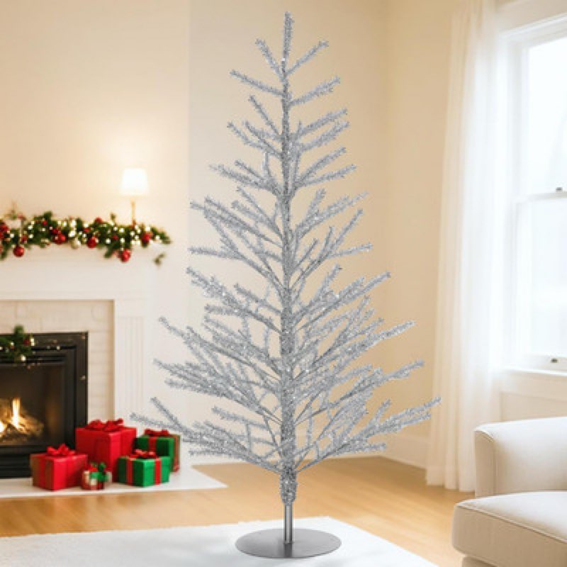 48 Inch Tinsel Christmas Tree, Silver Christmas Tree, Mid Century Modern Vintage Artificial Aluminum