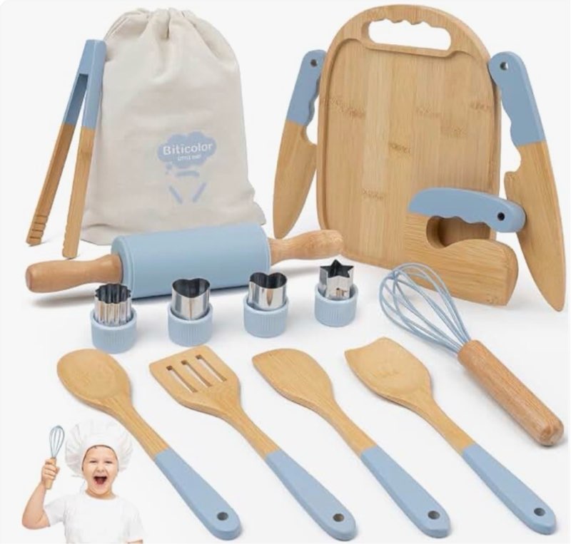Wooden Kids Cooking Set Montessori Kit - Real Toddler Kitchen Tools & Baking Utensils - 15PCS Cookin Purple 