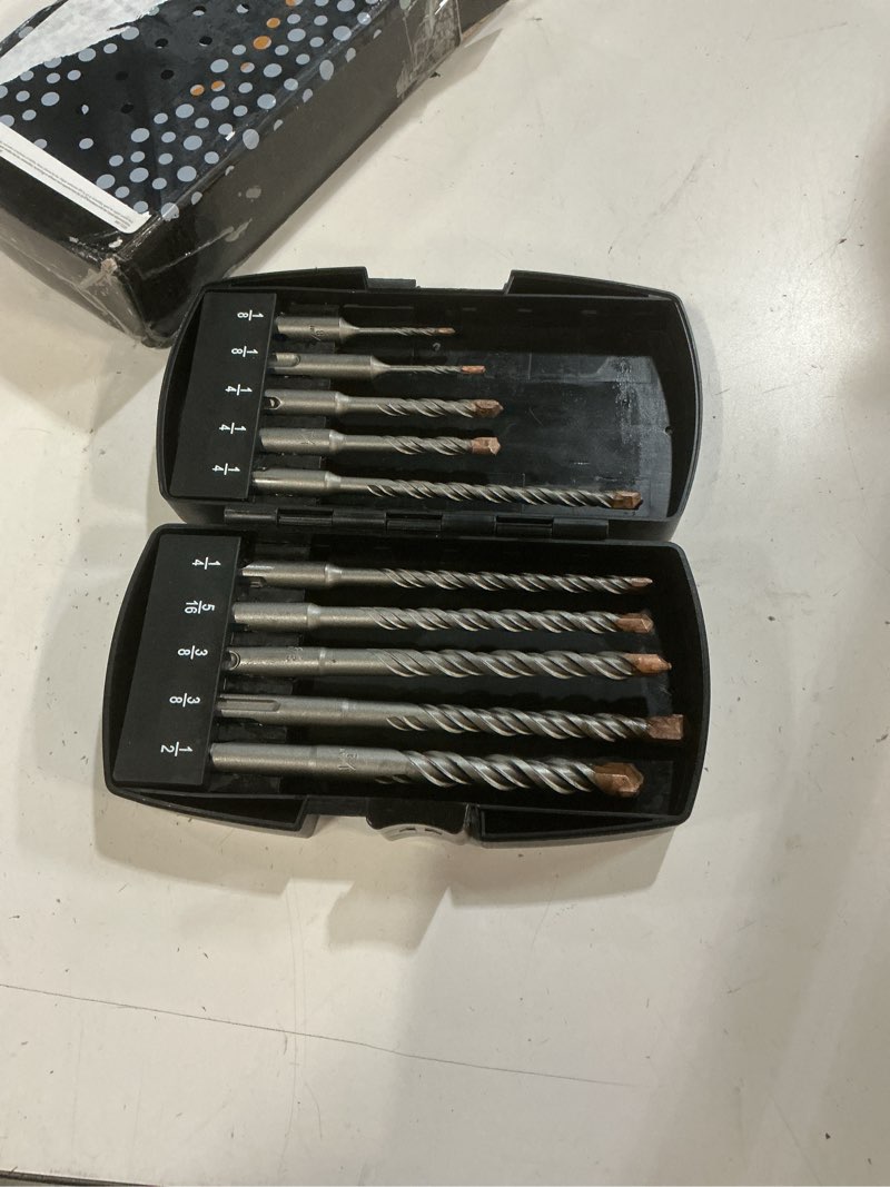 Condition photo showing New/Like New for sds plus rotary hammer drill bit set (10 pack - 1/8", 1/4", 5/16", 3/8", and 1/2") carbide tipped - perfect for drilling through concrete, cement, stone, brick, ceramic pots, & more! 1/8", 1/4", 5/16", 3/8", 1/2" - 10 pack