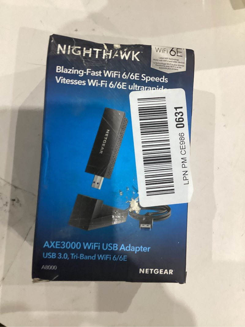 Condition photo showing New/Like New for NETGEAR Nighthawk WiFi 6 or 6E USB 3.0 Adapter (A8000) - AXE3000 Tri-Band Wireless Gigabit Speed (Up to 3Gbps) - New 6GHz Band – Works with Any Router Or Mesh System - for Windows PC