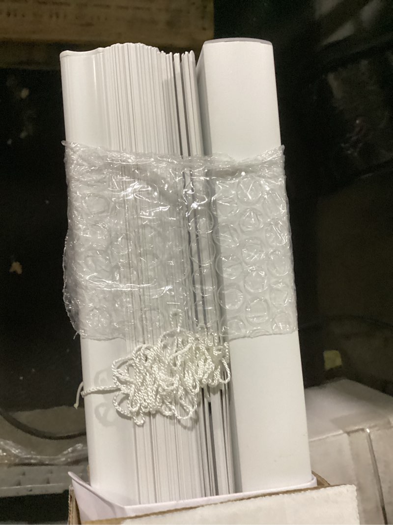 Condition photo showing As Is for project source light filtering 1-in slat width 23-in x 64-in cordless white vinyl light filtering mini-blinds