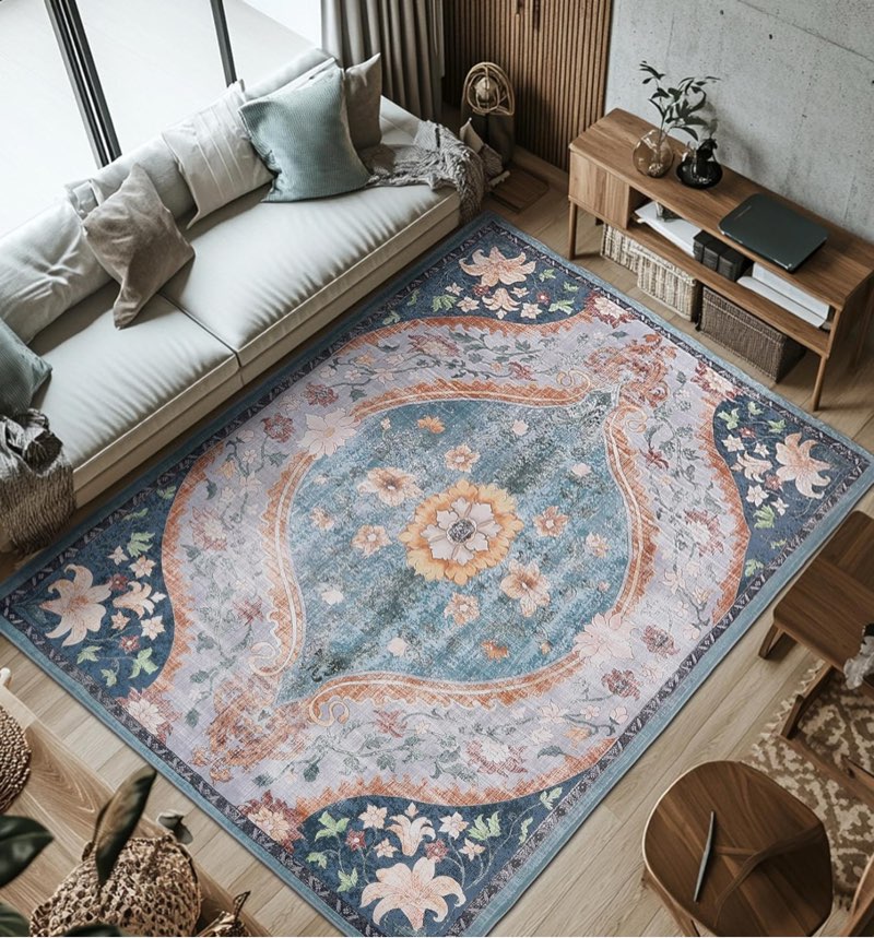 Washable Vintage Rugs 8x10 for Living Room Large Area Rugs Non Slip Rug Stain Resistant Low Pile Rug for Kitchen Bedroom Dining Room (Teal/Multi,8x10ft) Teal/Multi 8x10