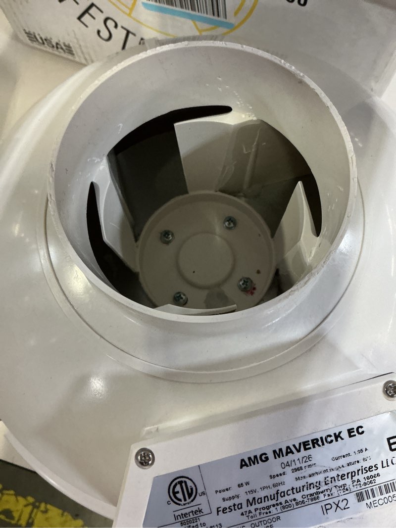 Condition photo showing As Is for festa amg legend extreme ec radon fan - quiet and energy efficient 571 cfm radon mitigation system inline fan - 6" electric waterproof inline duct - sturdy glass reinforced poly-resin white