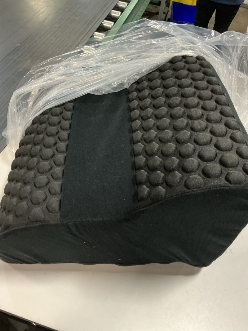 Condition photo showing As Is for foot rest for under desk at work, 3-tier foot stool with thick high-density foam and massage dots, ergonomic footrest with washable cover for home and office, back, legs & hip pain relief, black