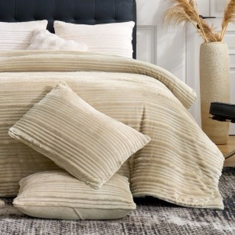 Amélie Home Striped Flannel Fleece Comforter Set Queen Size Beige, 3 Pieces Super Soft Warm Fluffy P