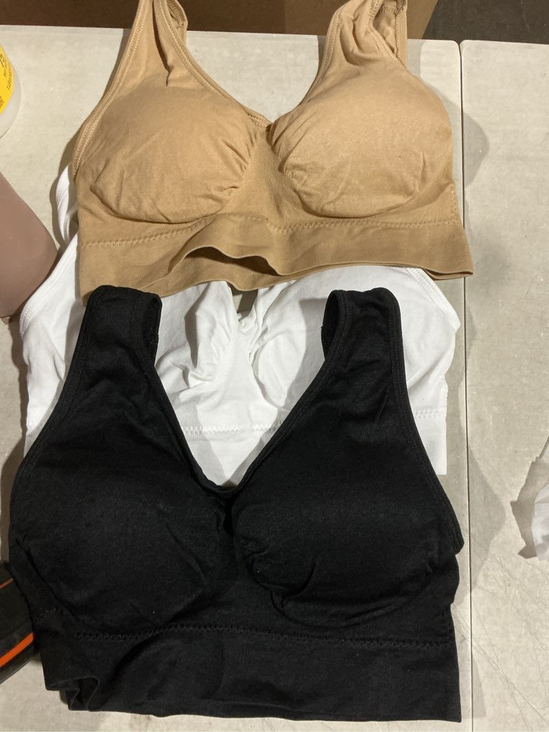 Condition photo showing Good Condition for yadifen womens sports bras, 3/4/6 pack wireless comfortable seamless sleep yoga sports bras for women with removable pads medium 01-black+white+beige