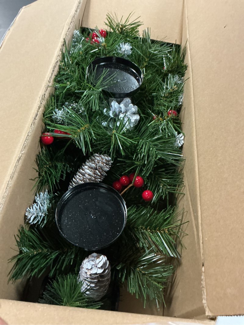 Condition photo showing As Is for National Tree Company 30 in Unlit Frosted Berry Artificial Christmas Centerpiece, Christmas Decoration For 3 Pillar Style Candles, with Red Berries, Pinecones, 58 Tips, Green Candleholder Sets