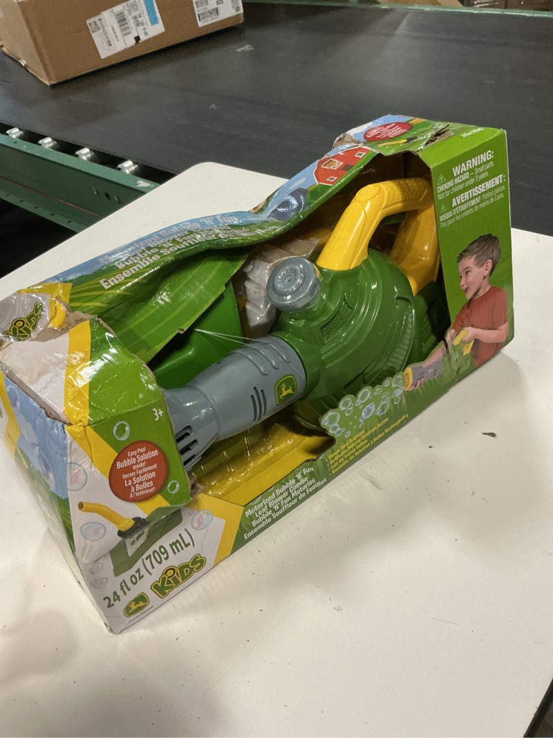 Condition photo showing As Is for john deere bubble leaf blower toy for kids includes 24oz bubble refill gas can, outdoor bubble machine for kids, easy to use, outdoor play, great gift toddler 3+
