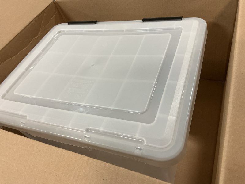 Condition photo showing Good Condition for iris usa file box weatherpro file organizer plastic file box for letter/legal file, water resistant document box, durable lid, seal w/secure latching buckles, stackable, nestable, clear 32 qt. 1 pack