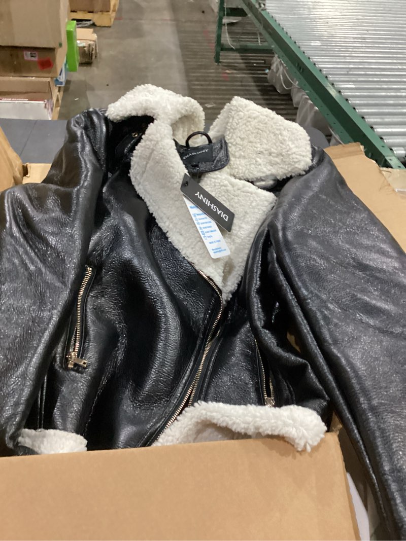 Condition photo showing As Is for diashiny women faux shearing fur jacket sherpa lined faux leather coat | pu leather,shearling lining, turn collar,zip closure,fur pockets,warm winter coat,daily night out,windproof women coat large 039 black-white