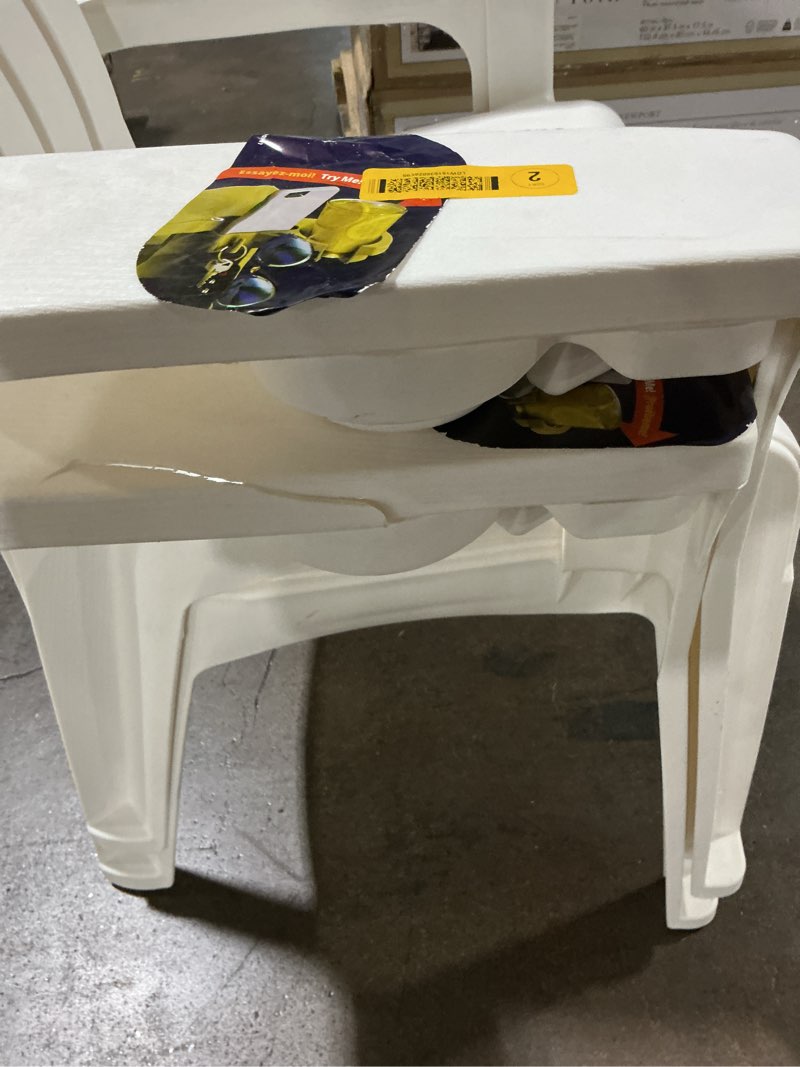 Condition photo showing As Is for damaged adams manufacturing patio big easy stackable white resin frame stationary adirondack chair