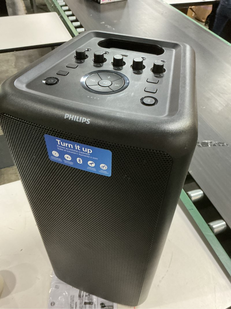 Condition photo showing Good Condition for ((incomplete  missing  part ))philips x5206 bluetooth party speaker, portable with wheels, exciting light show, karaoke machine with microphone and guitar input, powerful bass & subwoofer, long playtime, perfect for outdoor events x5206 with two woofers