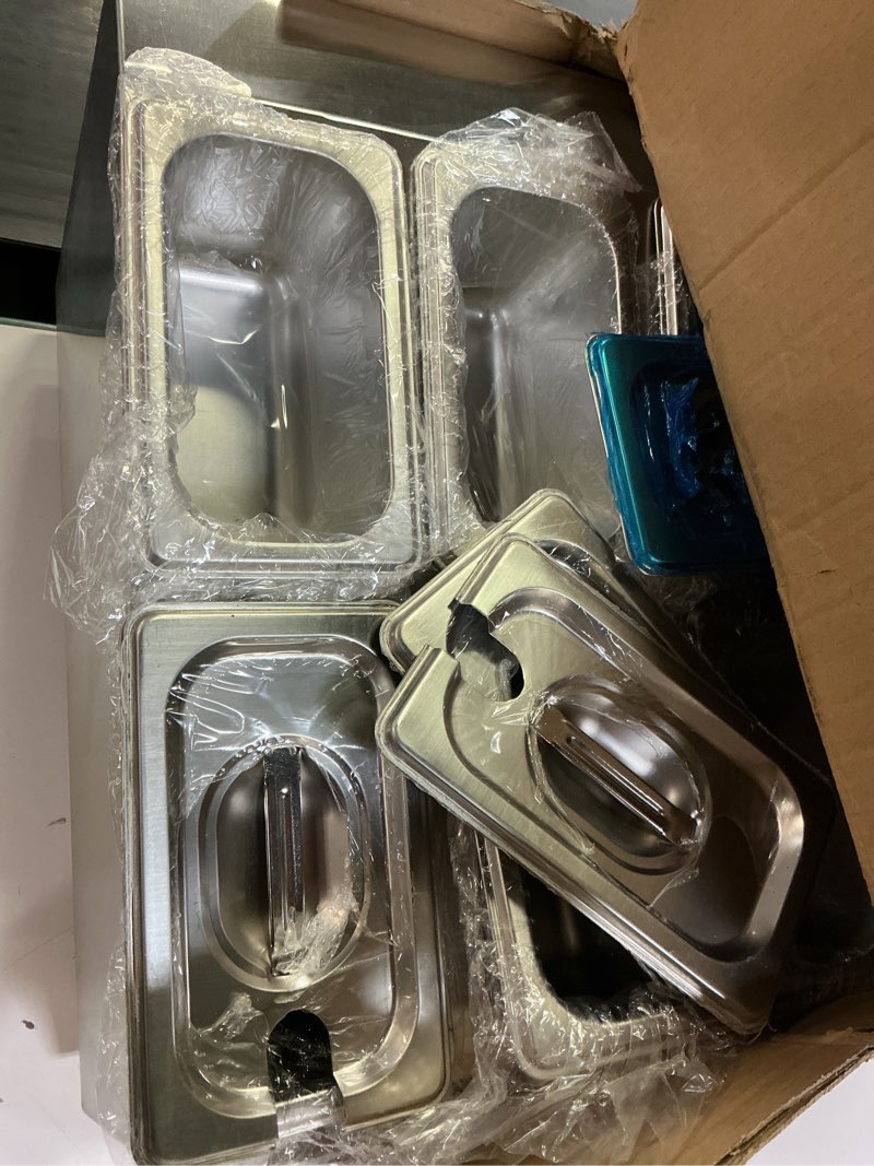 Condition photo showing Good Condition for kalolary 8 pans pizza topping storage station, stainless steel condiment containers with lids spoons ice food serving display container salad bar buffet station for home sauce jam kitchen restaurant