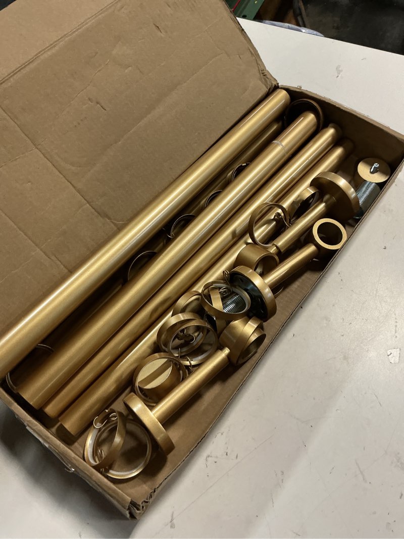 Condition photo showing Good Condition for twopages adjustable curtain rods for windows 32 to 76 inch, wall mounted heavy duty 1 inch gold curtain rod with rings, carbon steel curtain rod set gold 32" to 76"