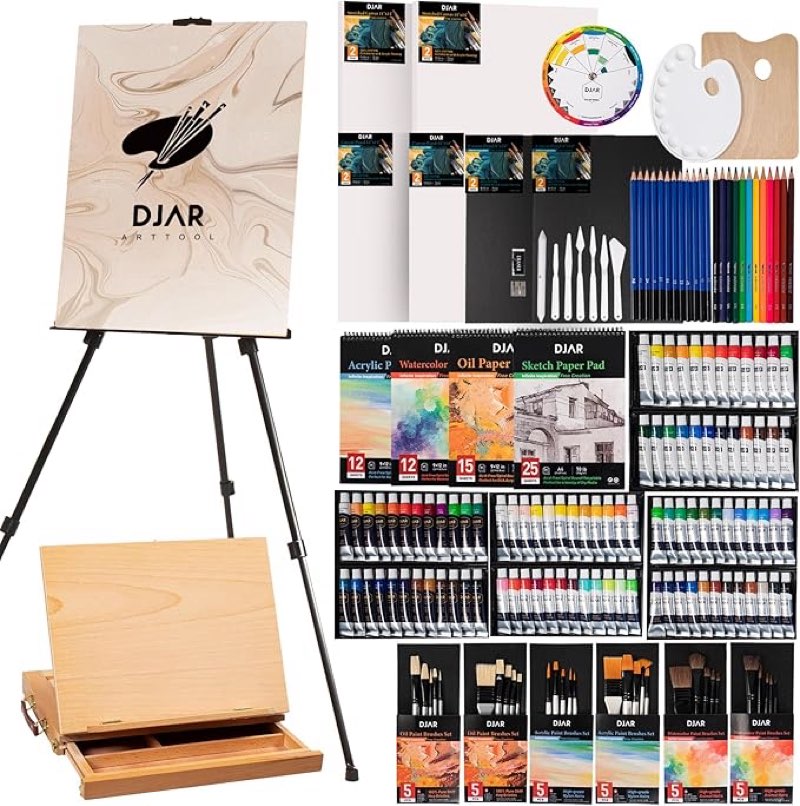 djar 174pcs all-in-one art painting set with tabletop easel & tripod, acrylic, watercolor, oil & sketch kit, 96 acrylic, watercolor & oil paint set for beginners, professionals, artists