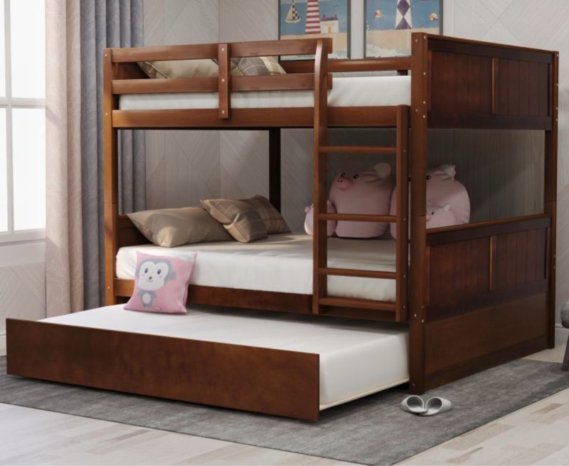 (incomplete box 1/2)Full Over Full Bunk Bed w/ Twin Trundle, Walnut 