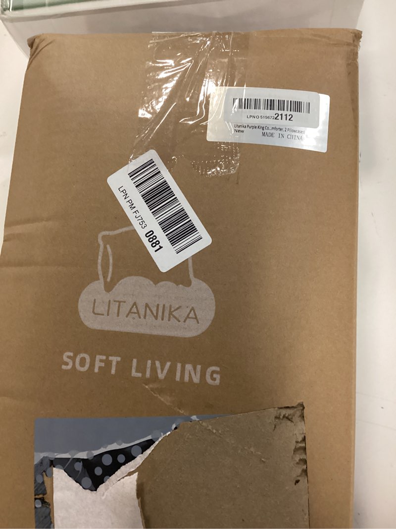 Condition photo showing New/Like New for litanika purple king comforter set, 3 pieces striped bedding set, lightweight soft all season down alternative comforter set with corner loops (1 gray&purple comforter, 2 pillowcases)