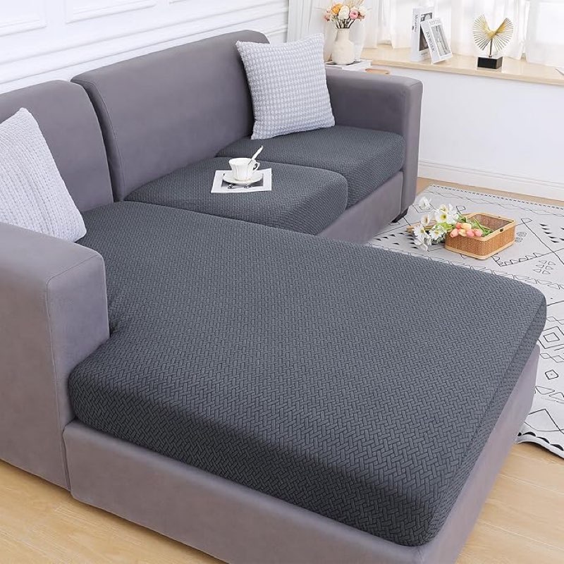 smiry waterproof couch cushion covers, stretch jacquard sectional couch covers, l shape chaise lounge sofa slipcover, washable elastic furniture protector for pets, kid (xl-chaise cover, grey)